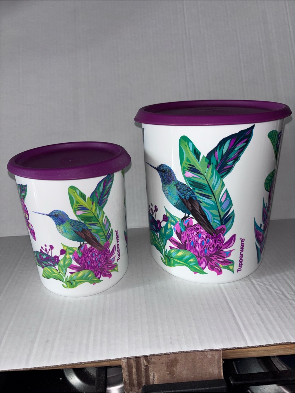 Tupperware canisters Hummingbird design holds 12.5 & 5.25 cups , 7.5 & 6” tall